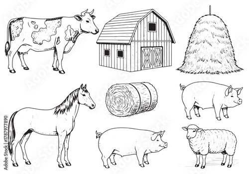 A charming collection of hand-drawn farm animals and essential agricultural objects presented in a classic black and white line art illustration style, ideal for educational content and rural themes