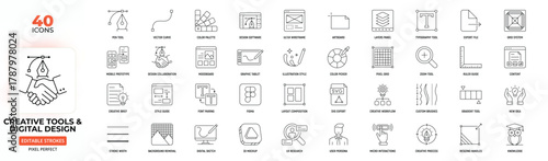 Creative Tools & Digital Design Line Icon Set – UI/UX, Illustration, Workflow, Typography, Editable Stroke.