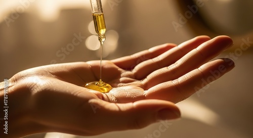 Close-up of golden oil being dropped into a hand.