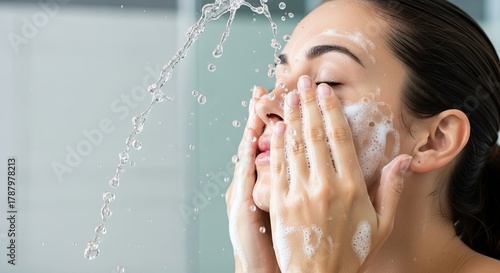 A young woman with closed eyes gently washes her face with water and foam, performing a skincare routine in a bright bathroom setting.
