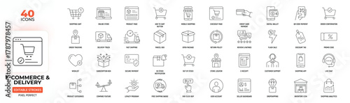 E-commerce & Delivery Line Icon Set – Online Shopping, Payment, Shipping, Orders, and Customer Service, Editable Stroke.