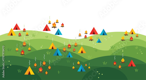 Colorful Camping Tents on Green Hills Landscape Illustration, Generative AI.