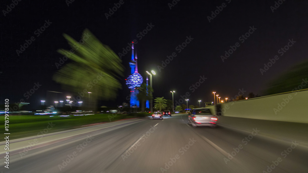 Fototapeta premium Drive through the traffic in the city highway timelapse hyperlapse in Kuwait. Kuwait, Middle East