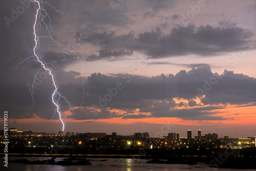 Lightning over the city night