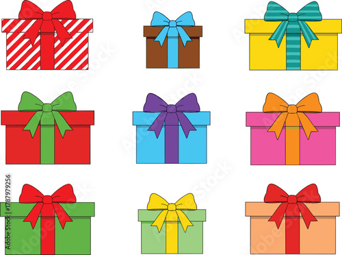 Colorful gift boxes with bows, holiday presents, festive packaging, Christmas and birthday surprises, decorative wrapped gifts, celebration concept illustration
