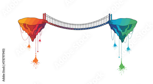 Fantasy Floating Islands Connected by Rope Bridge, Generative AI.