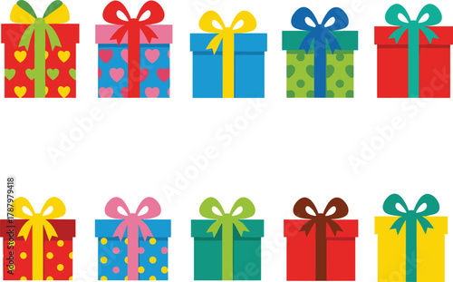 Colorful patterned gift boxes with ribbons and bows, festive presents for birthdays and holidays, decorative celebration packaging illustration design