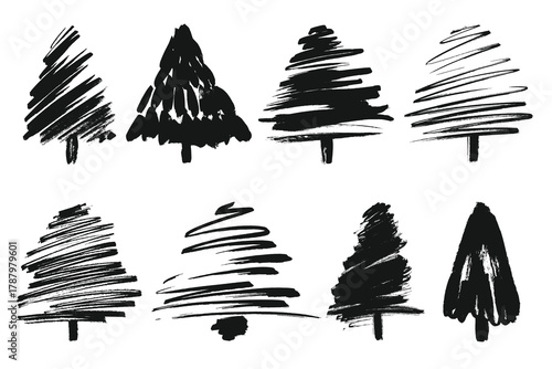 Christmas Trees Paint Brush Strokes Silhouettes Set. Hand drawn brush stroke Christmas trees. Doodle ink painted fir trees for New Year and Christmas cards, posters, cover, wrapping paper 