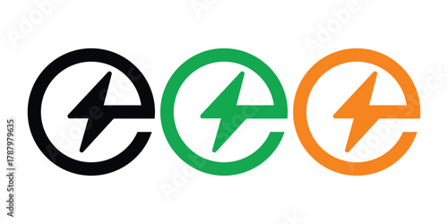 Electric Power Lightning Bolt Logo Vector. Electric Charge Icon Vector in Black, Green, and Orange