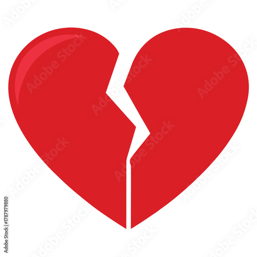 A red broken heart with a crack running down the middle isolated on white background