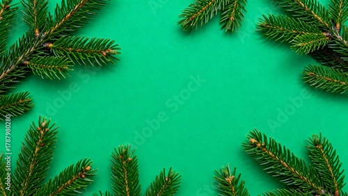 Green pine branches decoration on green background. Holiday party background. Minimal style.