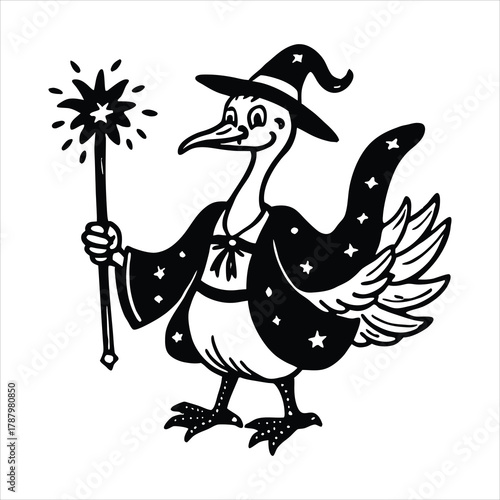 Goose witch casting colorful magic spells vector