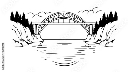 Minimilist illustration of a large arch bridge spanning a canyon with birds flying overhead and trees on the hillsides vector