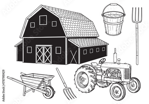 Classic Farm Life Elements Collection Hand-Drawn Vintage Agricultural Tools, Barn, and Tractor Illustrations for Rural and Countryside Themes
