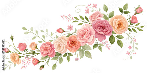 Rose watercolor floral border element. Isolated flower PNG.