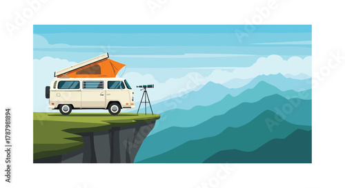 Campervan on Cliff Edge Overlooking Mountain Landscape, Generative AI.