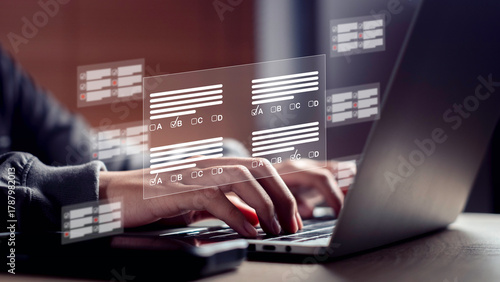 Online quiz and assessment concept with hands typing on laptop and multiple-choice form on screen. Represents digital testing, learning evaluation, and online survey for data collection.