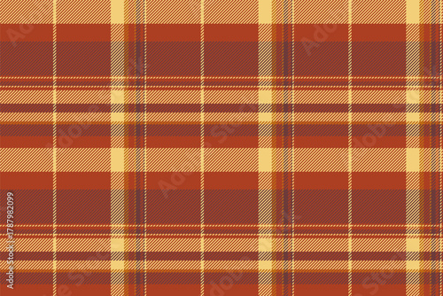 Rose fabric pattern vector, plank seamless background texture. Lady tartan textile check plaid in red and amber colors.