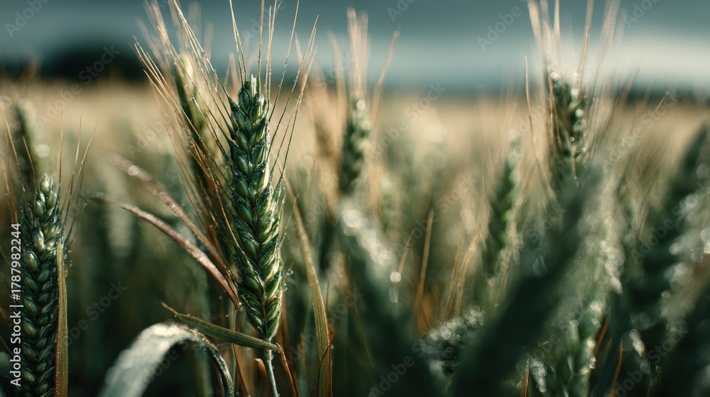 Fototapeta premium Golden wheat field under dramatic sky featuring ripe grain agriculture and sustainable farming practices
