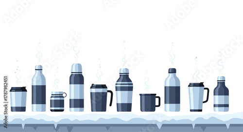 Collection of Various Drink Containers Lined Up on a Snowy Surface, Generative AI.