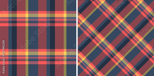 Two seamless tartan patterns in a combination of blue, red, and yellow. Suitable for fabric design, backgrounds, and wrapping paper. Versatile graphic resource.