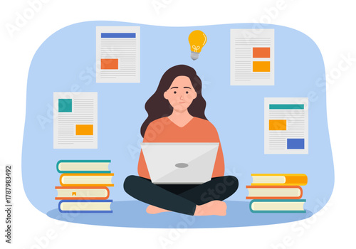 Copywriter freelance and blogger author create online article content concept vector illustration. Female writing web content on computer.