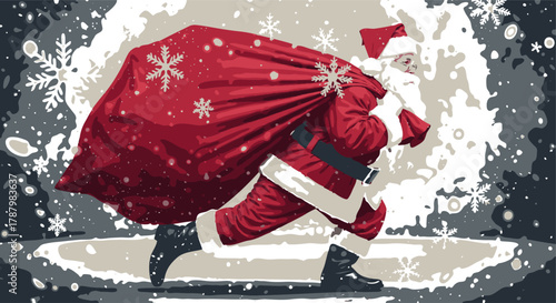 Santa Claus Running with Gift Sack in a Snowy Winter Landscape