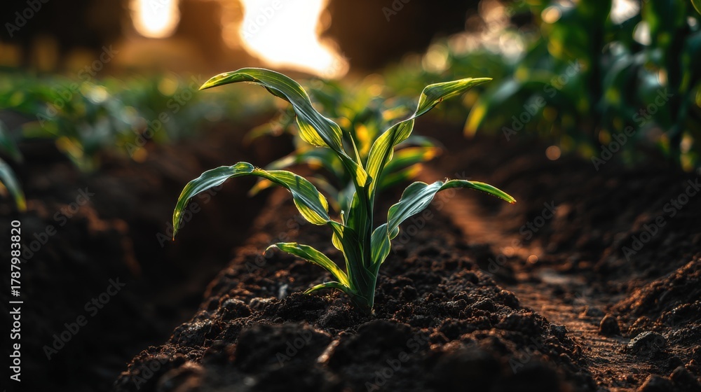 Obraz premium Young Corn Plant Growing in Fertile Soil, Agriculture and Cultivation at Sunset