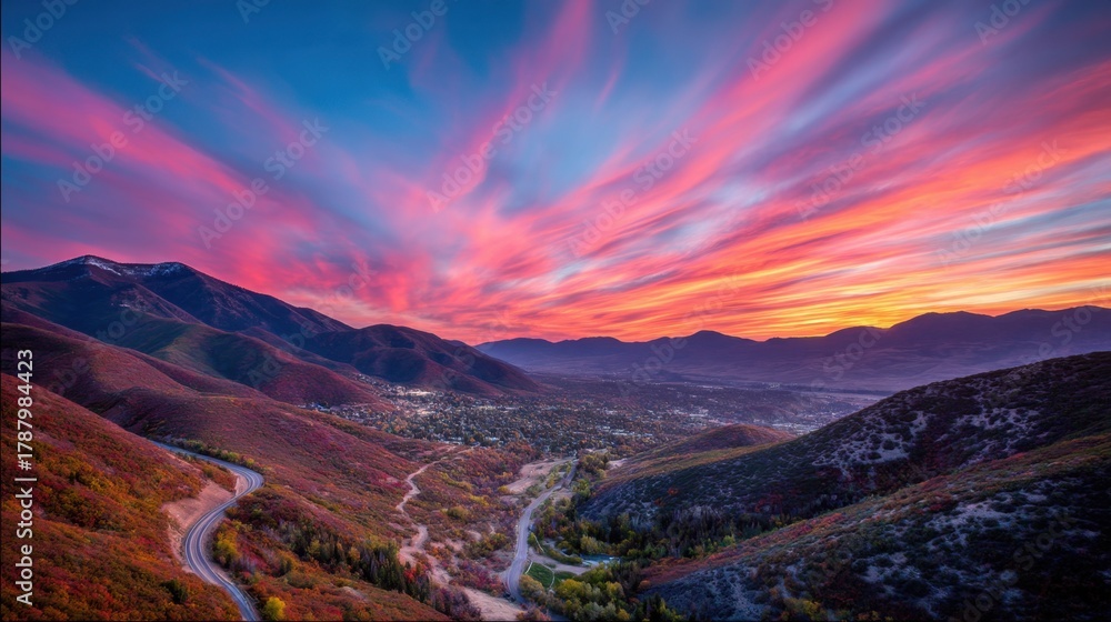 Fototapeta premium Breathtaking Sunset Over Majestic Mountains Reflecting Vivid Colors in the Sky Above Scenic Valley in Autumn Season with Winding Road Below