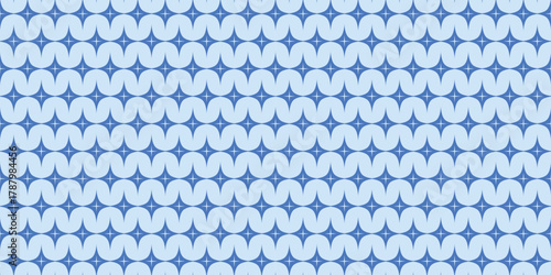 Seamless vector pattern with light blue wave shapes and star details, modern geometric repeating texture, stylish decorative background for textile, wallpaper, wrapping, abstract digital graphic