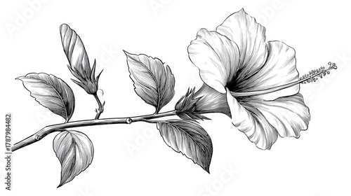 Detailed monochrome etching depicts a blooming tropical flower branch with accompanying leaf structure