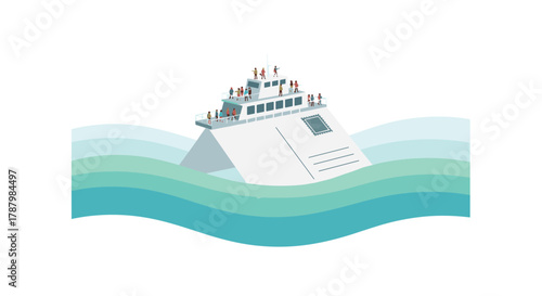 Modern Ferry Boat with People on Deck Traveling Through Wavy Blue Waters, Generative AI.