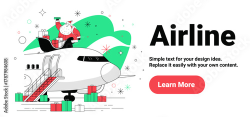 Santa Christmas airline travel airplane gifts festive holiday scene with Santa Claus on jet surrounded by presents snowflakes modern web banner