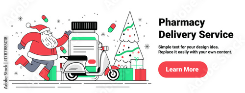 Santa pharmacy delivery Christmas New Year 2025 concept Santa running with medicine bottle on scooter gifts Christmas tree festive background website banner