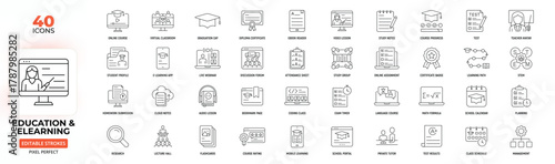 Education & eLearning Line Icon Set – Online Courses, Study Tools, Virtual Classrooms, and Academic Management, Editable Stroke.