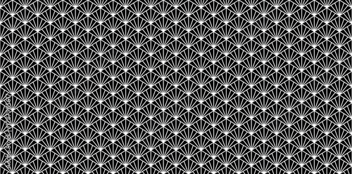 Seamless vector pattern with geometric fan shaped triangles, black background white lines, abstract decorative design, minimal repetitive wallpaper, modern digital fabric texture, stylish surface