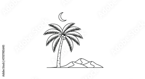 A simple illustration of a palm tree crescent moon and sand dunes