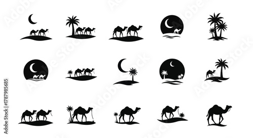 Desert scenes with camels and palm trees under a crescent moon