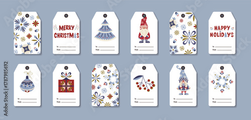 Vector set of Christmas gift tags in Nordic folk style with gnomes, ornaments, tree and present. Cozy winter collection with decorative lettering for holiday packaging, greeting cards, festive decor