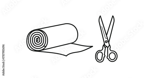 Simple outline of fabric roll and scissors crafting supplies illustration