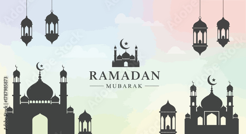 Ramadan mubarak islamic lanterns crescent moons and mosque silhouettes in a pastel background