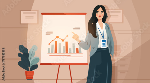 Businesswoman presentation analytics chart office meeting professional woman pointing at graph board indoor plant modern workspace