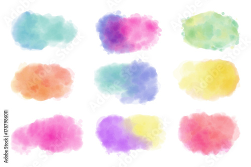Set of bright hand-drawn watercolor stains in rainbow colors. Abstract vector splash background for graphic design, posters, text overlays, and creative layouts. Vector bg.