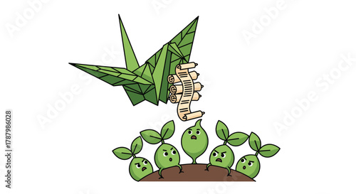 Origami Crane Delivering Scroll to Seedlings, Generative AI.