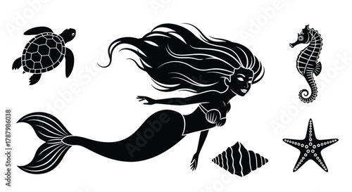 Black and white illustration of a mermaid with sea creatures around her
