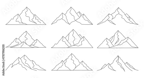 A collection of nine simple black and white mountain line drawings