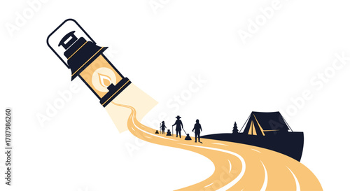 Lantern Leading People on a Winding Path to a Campsite, Generative AI.
