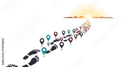 Footprints and Map Pins Leading to a Bright Horizon, Generative AI.