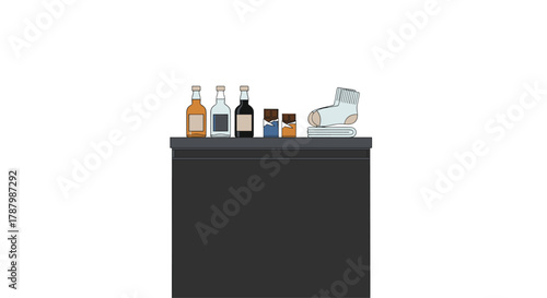Various bottles and a stapler on a black surface, Generative AI.