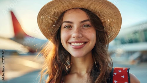 Young woman in straw hat smiling at airport with airplane and terminal background, solo travel adventure, excitement for journey.